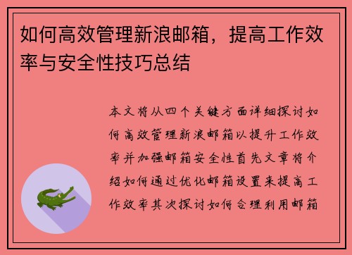 如何高效管理新浪邮箱，提高工作效率与安全性技巧总结